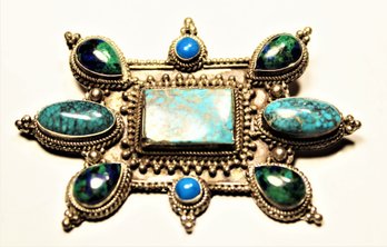 Vintage Fine Sterling Silver Turquoise Multi Colored Brooch