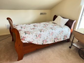 (2 Of 2) Complete Wood Sleigh Bed Twin Size With Bedding, Mattress, And Box Spring