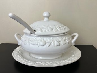 White Tureen With Ladle & Platter