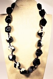 Large Black And White Striped Agate Rough Cut Beaded Necklace