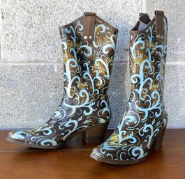 Rain Bops By Beehive- Brown, Light Blue & Golden Yellow Cowboy Style Rain Boots- US 7, EU 38