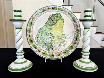 Candlesticks And 1970's Rothwoman Hand Painted Frog Platter