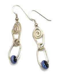 Beautiful Sterling Silver Ornate Blue Striped Beaded Dangle Earrings