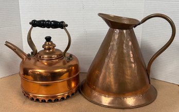 Vintage Copper Whistling Tea Kettle And Pitcher FL/CVA