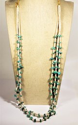 Native American Southwestern Shell And Genuine Turquoise Multi Strand Necklace