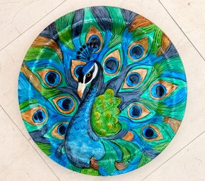 A Hand Painted Art Glass Peacock Platter