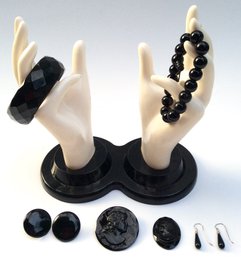 BLACK JEWELRY LOT: Antique Victorian 1.75 In. Cameo Mourning Brooch, Oval Czechoslovakia Pin No Back, Earrings