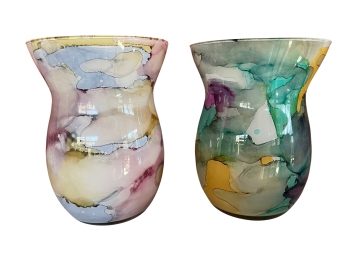 Pair Of Stunning Watercolor Blown Glass Vases