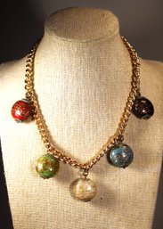 VINTAGE GOLD TONE LINK NECKLACE HAVING LARGE VENETIAN ART GLASS PEDANTS W GOLD FLAKES