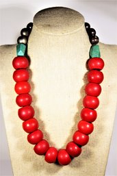 Large Red And Turquoise Beaded Necklace Sterling Silver Clasp