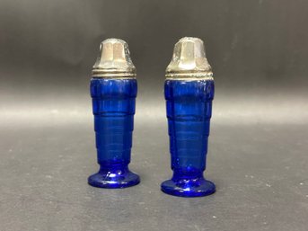 A Pair Of Vintage Salt & Pepper Shakers In Cobalt Blue Glass