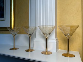Four Gold Toned Martini Glasses With Etched Diamond Pattern