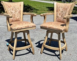 A Pair Of Elegant Custom Counter Height Swivel Stools In Tapestry Print