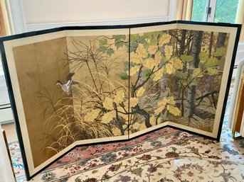 Rare 5 1/2 Ft Japanese Handmade And Painted Four-Panel Screen