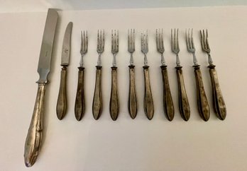 Vintage / Antique German Marked .830 Silver Flatware, 9 Small Fruit Forks, 1 Small And 1 Large Knife,