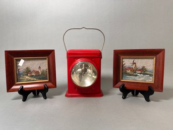 Vintage Rail Road Lantern & Two Framed Needlepoints