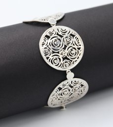 Intricate Floral Disc Design Sterling Silver Bracelet