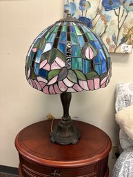 Tiffany Style Lamp In Pink, Blues, And Greens With Metal Base