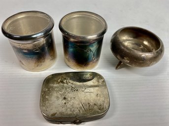 Vintage Silver Plated Containers, Sewing Kit, And Candle Holder (4)