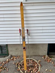 Pair Of Antique Andia Wood Alpine Skis With Poles