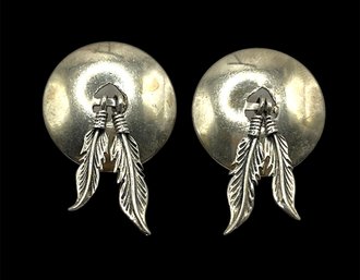 Vintage Sterling Silver Native American Feather Dome Earrings
