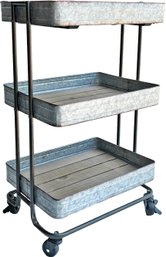 A Galvanized Steel Rolling Cart With Wood Shelves - Grand Industrial Chic Decor