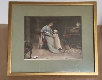 Antique Lithograph Maude Goodman 25x21 Looks Hand Tinted Loose In Frame