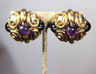 GOLD OVER STERLING SILVER FINE LARGE DESIGNER EARRINGS AMETHYSTS