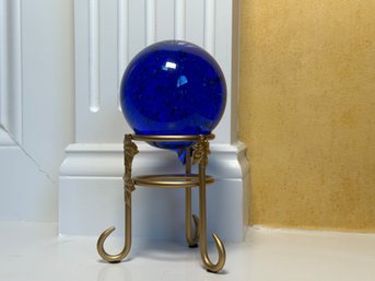 Cobalt Blue Bubble Glass Ball On Brass Stand