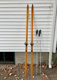 Pair Of Antique Eggen Wooden Nordic Cross Country Skis With Poles