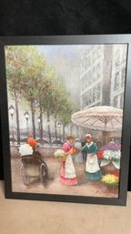 Original Signed Oil Painting Of Vintage Women At A City Flower Stand