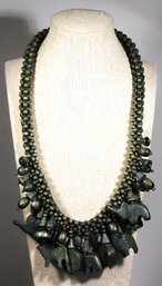 1980s Vintage African Carved Wood Necklace Having Charms Elephants, Etc. Green Color