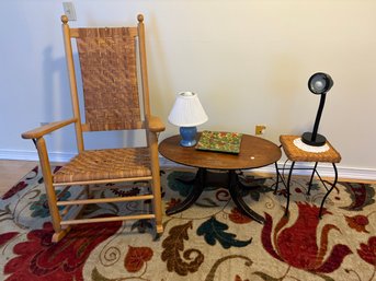 A PORCH ROCKER, TWO STANDS, AND TWO LAMPS