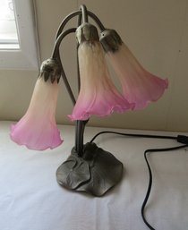 Art Nouveau Tiffany Styled Pond Lily 3 Shade Lamp In Soft Pink/lavender Pastels & Bronzed Base