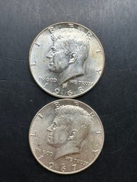 2 Kennedy Silver Half Dollars 1967, 1968-D