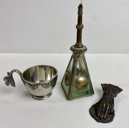 Vintage Brass And Glass Oil Lamp, Letter Holder, And A Pewter Teacup (3)