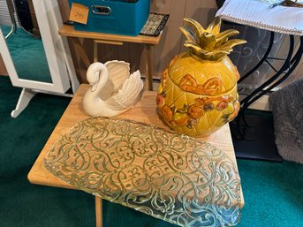 Pineapple Cookie Jar, Gold Glass Tray And Swan Planter