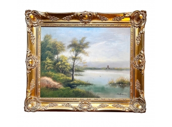 Beautiful Signed Oil On Canvas Of A Peaceful Pond Scene