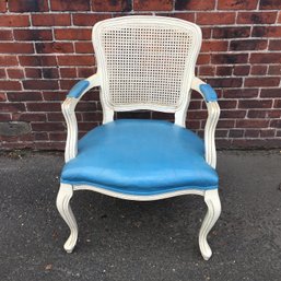 Lovely Vintage French Style Chair With Caned Back - Cream Colored Carved Wood Frame - Blue Leather Seat !