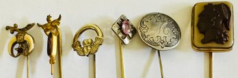 6 VINTAGE STICK PINS TWO MARKED STERLING