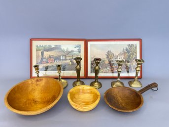 Lot Of Wood Bowls, Brass Candle Sticks, And Repro Courier And Ives Prints