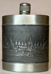 Vintage Pewter Pocket Purse Flask Bank Bangkok Thailand Lead Free - Elephants - Dragon Boat - 3.25 X 3.75 Inch
