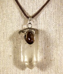 1970s Hippie Jewelry Large Crystal And Silver Pendant On Leather