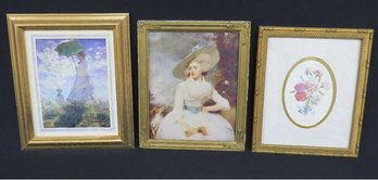 A Trio Of Decorative Prints Includes 2 Women And Floral In Gilded Frames