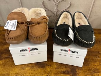 Minnetonka Moccasins (2) Pairs Black & Brown Tracy Folded Trapper And Blakely Braided Slipper Size 8 - NEW