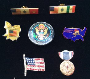 PATRIOTIC UNITED STATES OF AMERICA LOT: 1 Inch Prisoner Of War Medal Hat Pin, Vintage Rhinestone Flag, Alaska