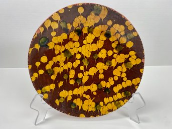 Breininger Redware Pottery Plate, Yellow Dots, Signed