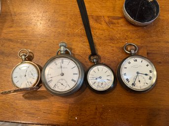 Lot Of 4 Vintage 1880s Up Pocket Watches - Lady Racine Silver & American Woltham Works - Jones & Jones - Elgin