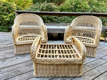 Pair Of Braided Rattan Chairs & Ottoman With Cushions