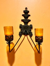 Pair Of Wrought Iron Candle Sconces With Amber Glass